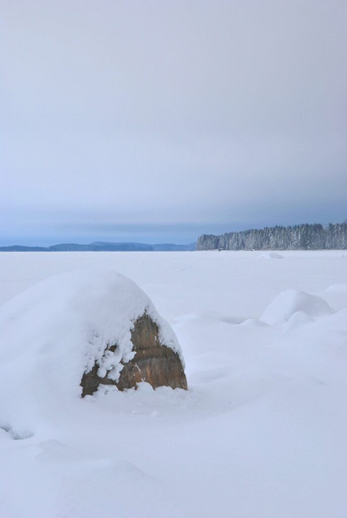 Lumen peittämä kivi Pielisellä